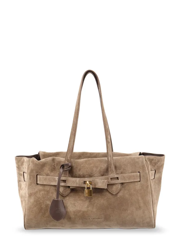 Suede Shoulder Bag With Logo Padlock Detail made by Brunello Cucinelli