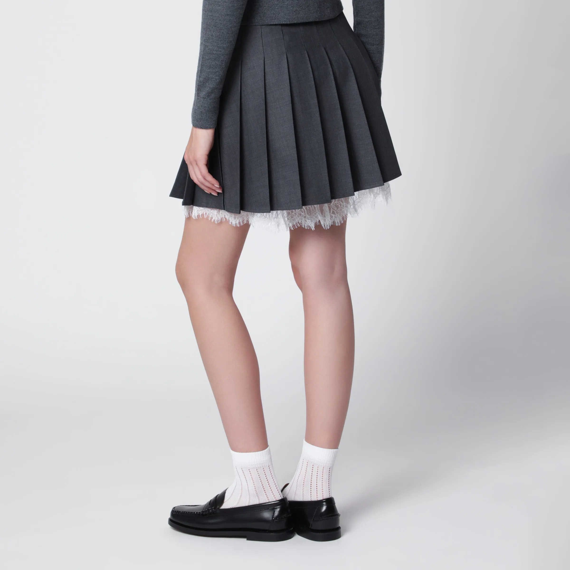 Pleated Wool Mini Skirt With Lace Trim In Grey sold by Wanan Luxury product image thumbnail 2