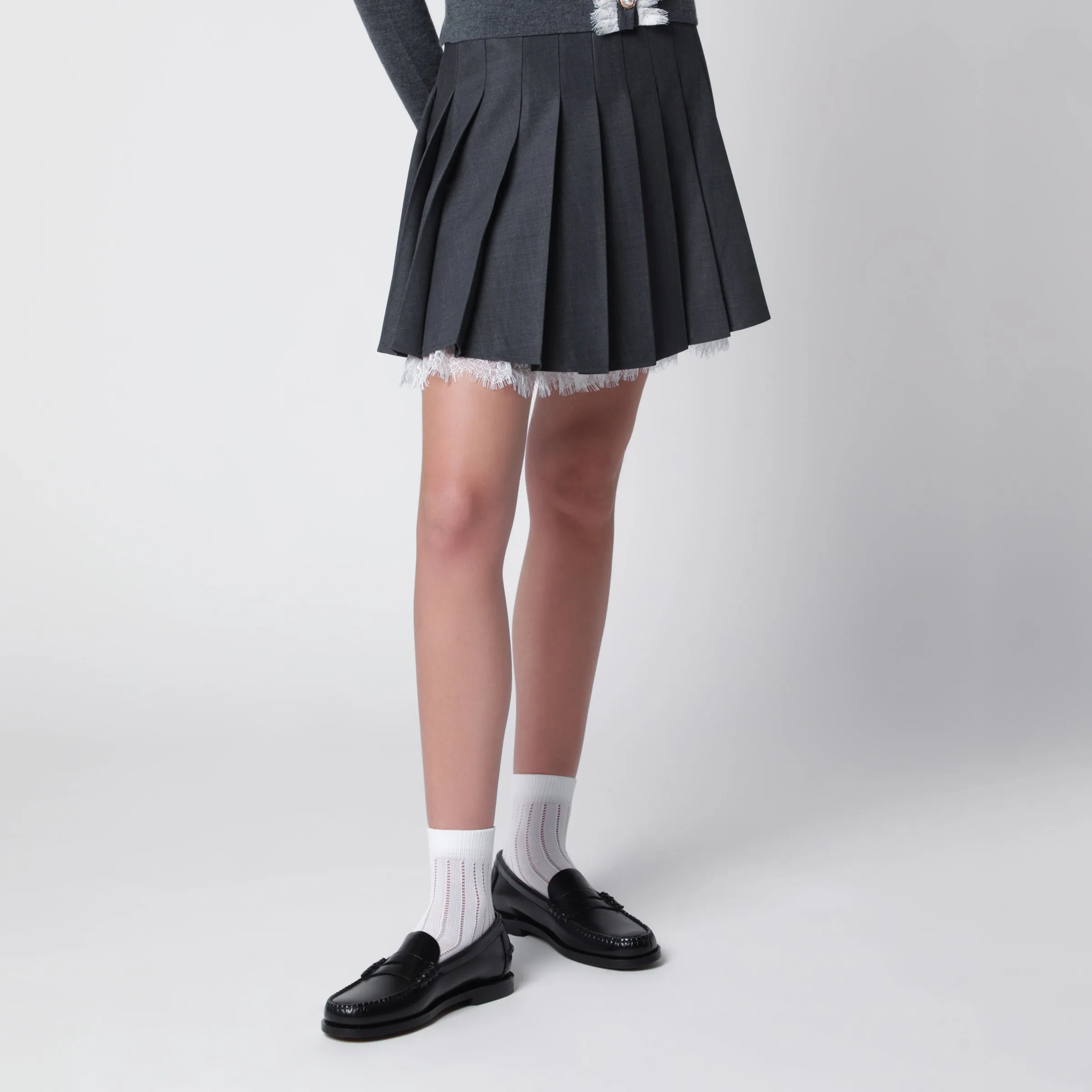 Pleated Wool Mini Skirt With Lace Trim In Grey sold by Wanan Luxury product image thumbnail 3