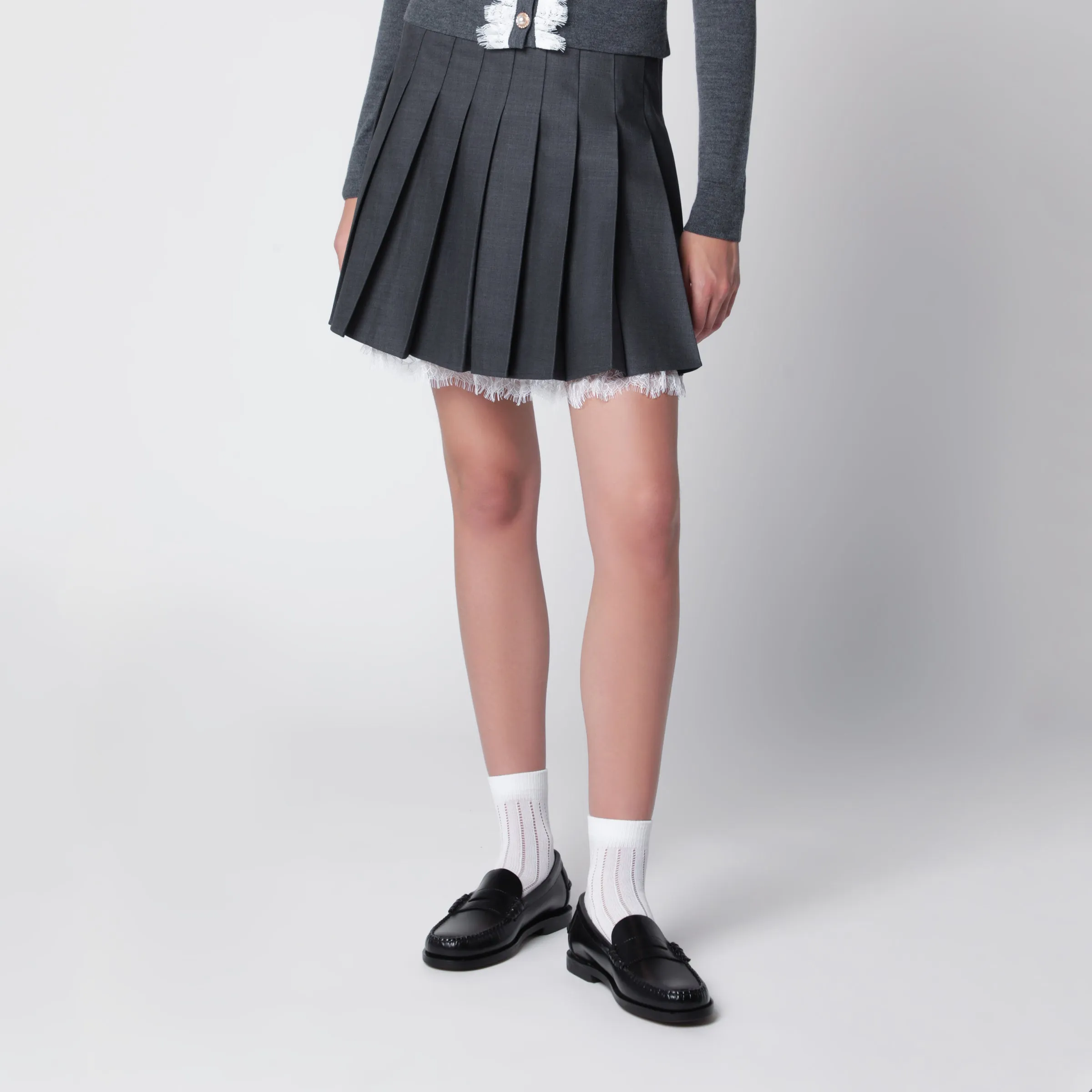 Pleated Wool Mini Skirt With Lace Trim In Grey sold by Wanan Luxury