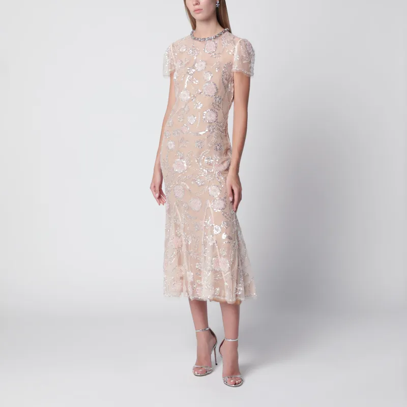 Floral Sequin Midi Dress In Pink Polyester made by Self-Portrait