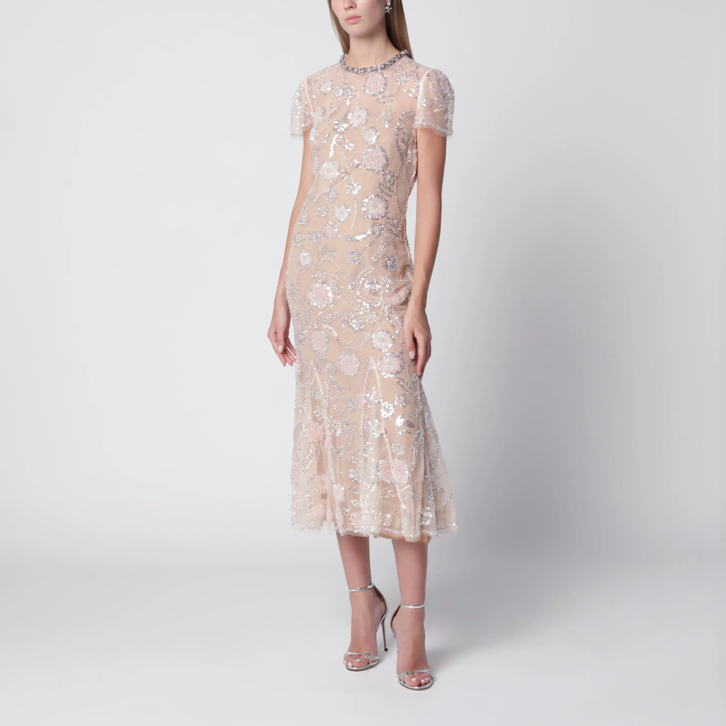 Floral Sequin Midi Dress In Pink Polyester sold by Wanan Luxury
