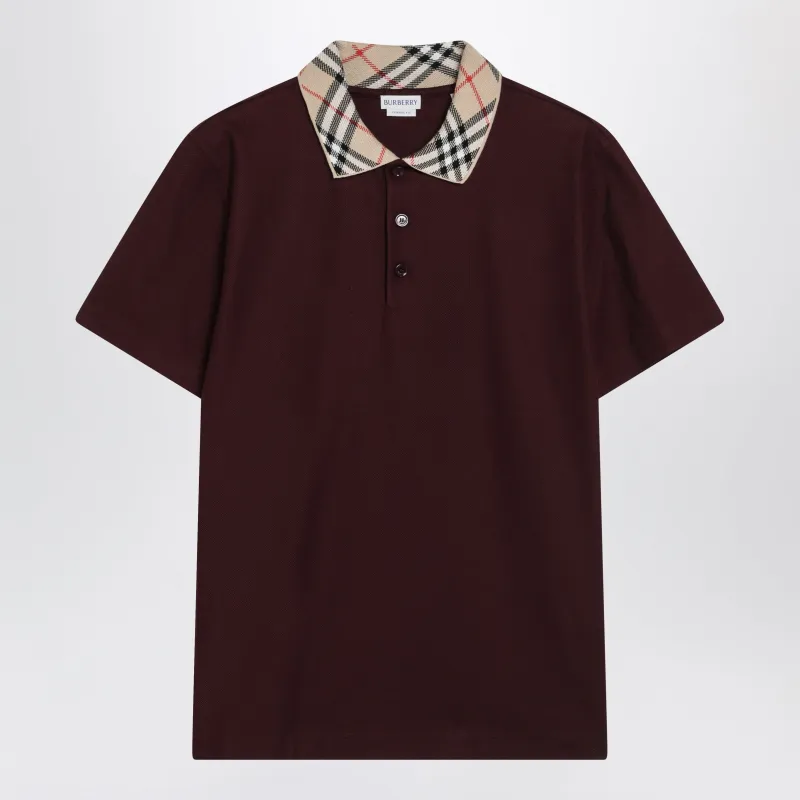 Cotton Polo Shirt With Check Collar In Vineyard Red made by Burberry