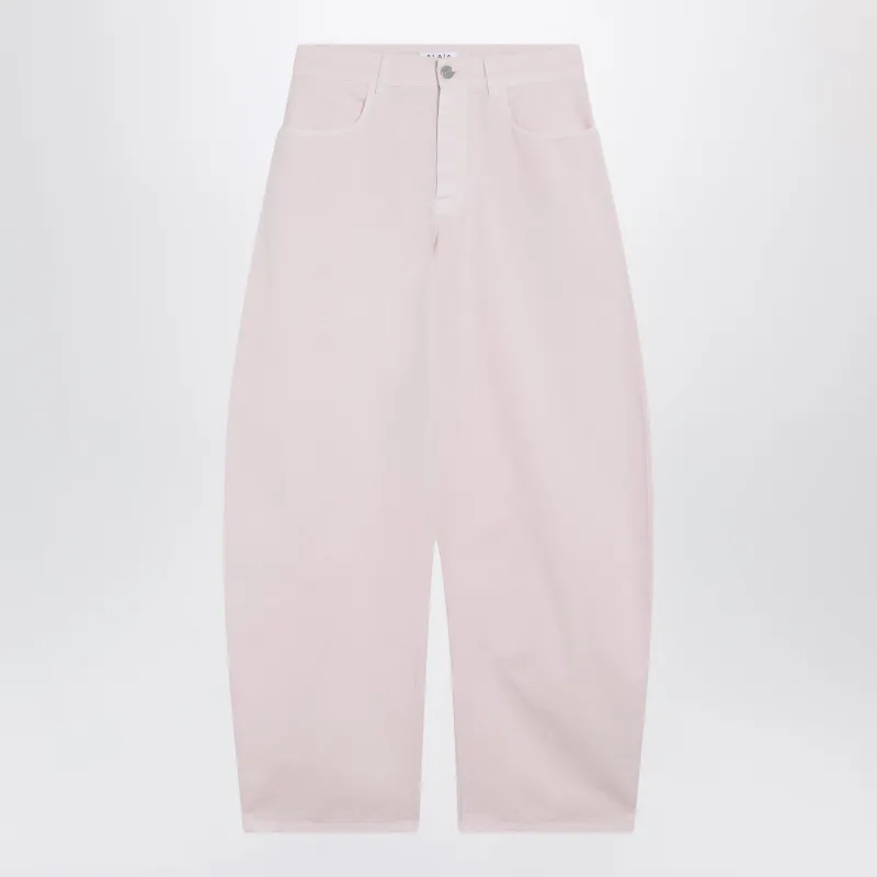 Rounded High-Rise Cotton Denim Jeans In Pale Rose made by Alaia