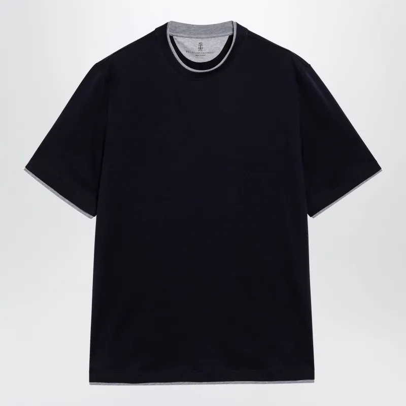 Crew-Neck Cotton Jersey T-Shirt With Faux Layering, Cobalt made by Brunello Cucinelli