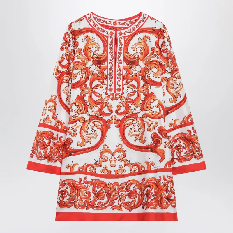Maiolica-Print Silk Twill Kaftan Dress, Multicolour made by Dolce & Gabanna