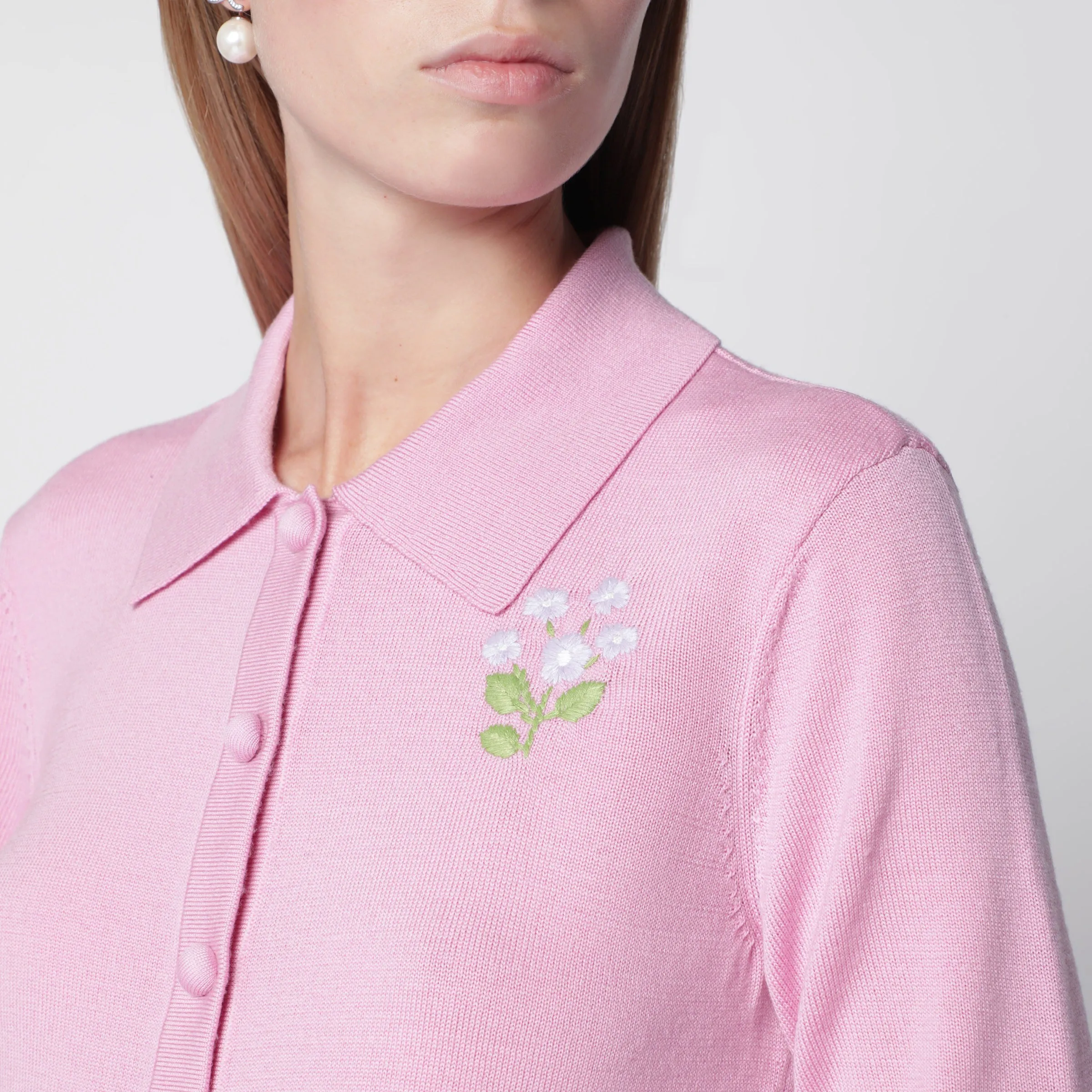 Wool Knit Cardigan With Floral Embroidery In Pink sold by Wanan Luxury product image thumbnail 2