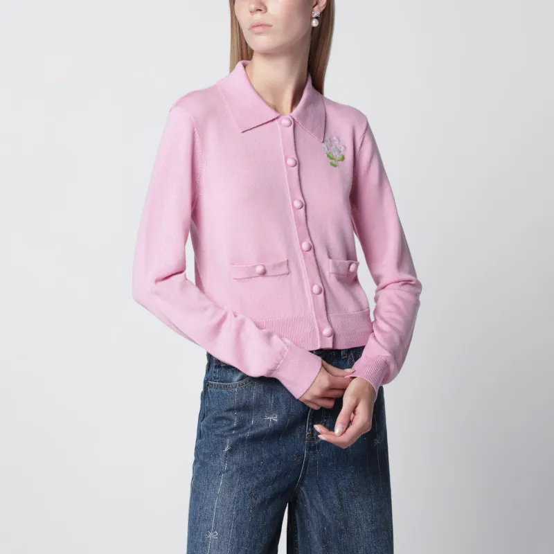 Wool Knit Cardigan With Floral Embroidery In Pink made by Self-Portrait