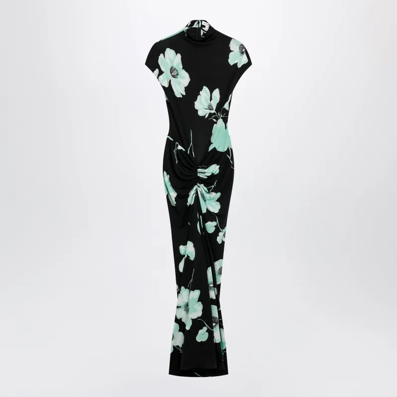 Draped Jersey Dress With Sakura Print In Black/Aqua made by Alaia