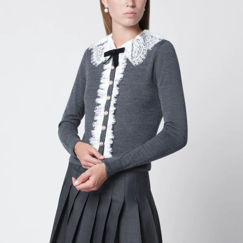 Knitted Wool Cardigan With Lace Collar In Grey made by Self-Portrait