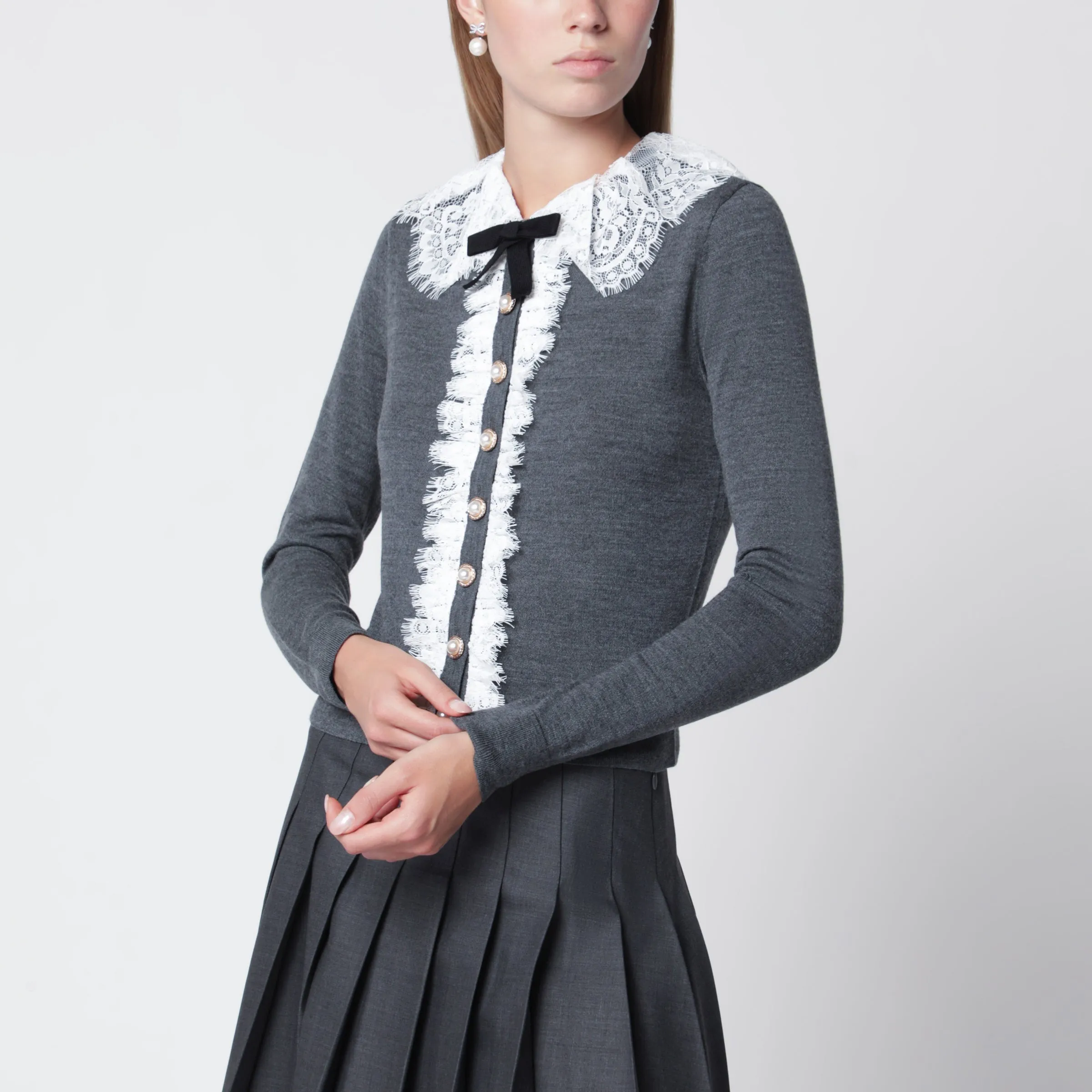 Knitted Wool Cardigan With Lace Collar In Grey sold by Wanan Luxury