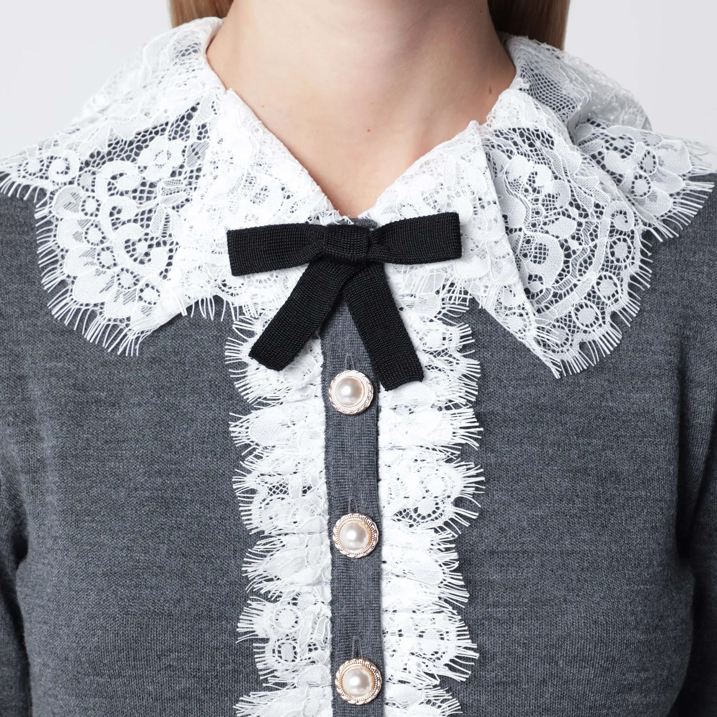 Knitted Wool Cardigan With Lace Collar In Grey sold by Wanan Luxury product image thumbnail 2