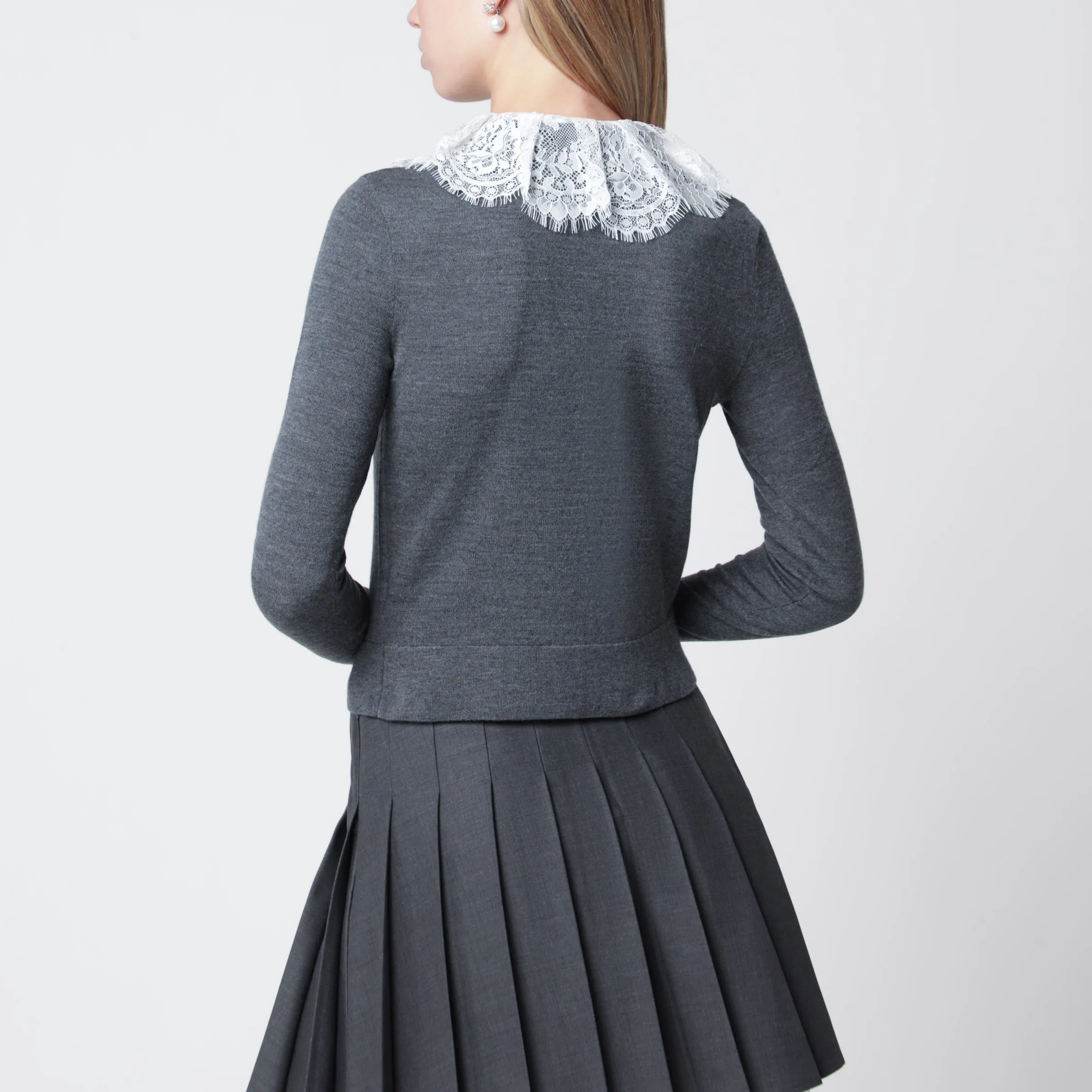 Knitted Wool Cardigan With Lace Collar In Grey sold by Wanan Luxury product image thumbnail 3