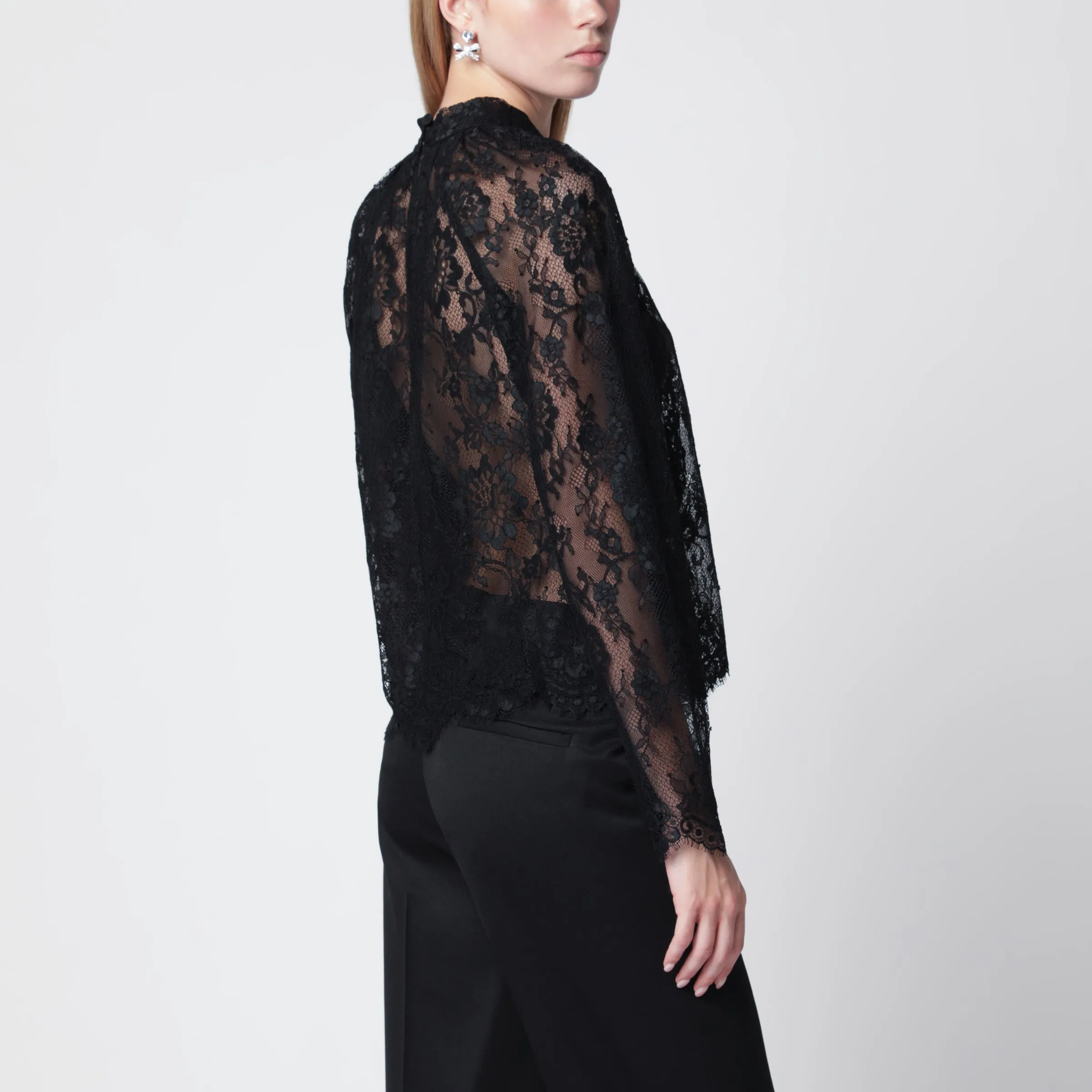High-Neck Lace Blouse With Long Sleeves In Black sold by Wanan Luxury product image thumbnail 3