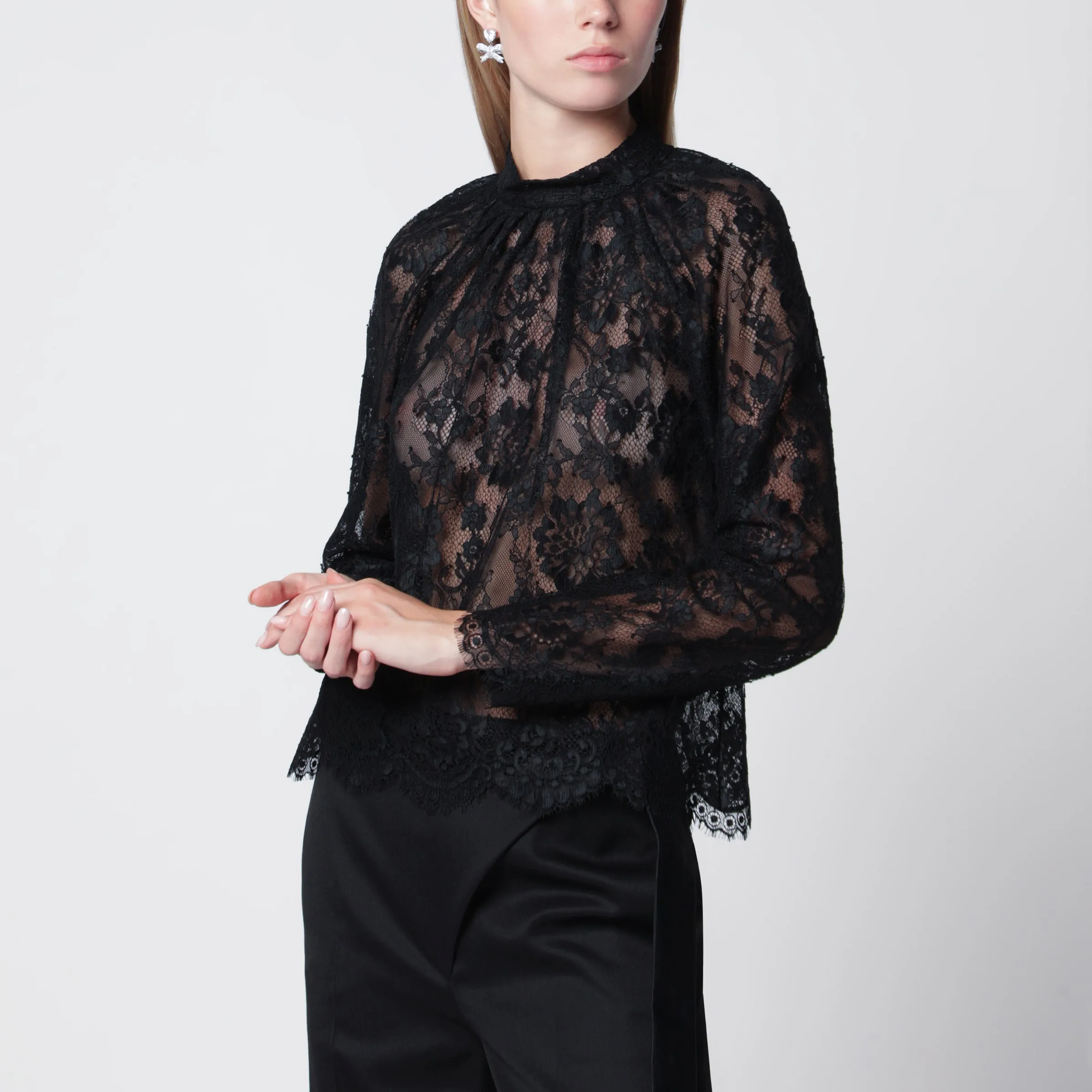 High-Neck Lace Blouse With Long Sleeves In Black sold by Wanan Luxury