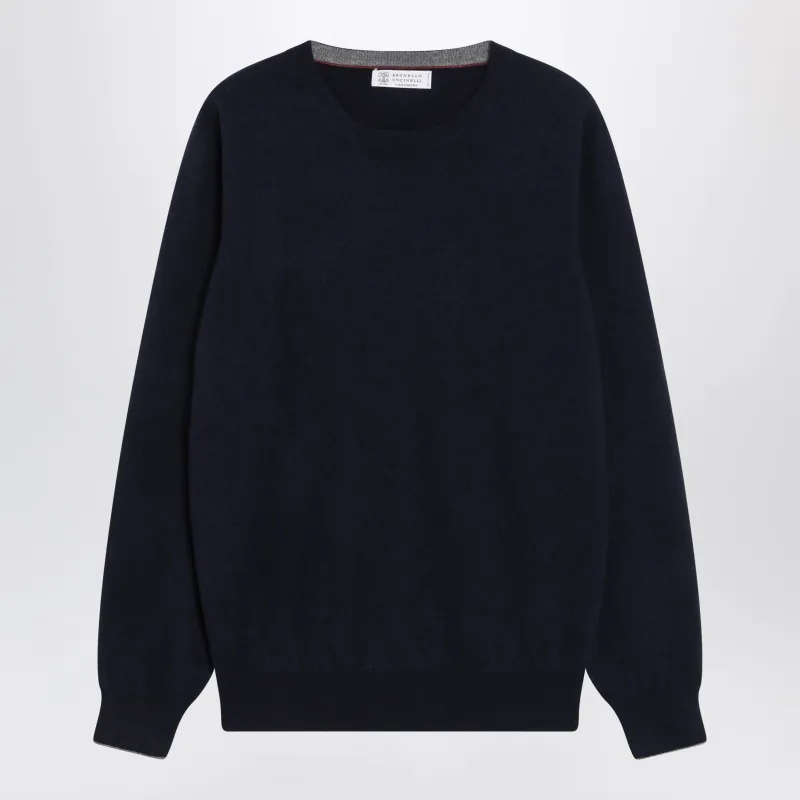 Navy Blue Cashmere Crewneck Sweater With Contrast Trim made by Brunello Cucinelli