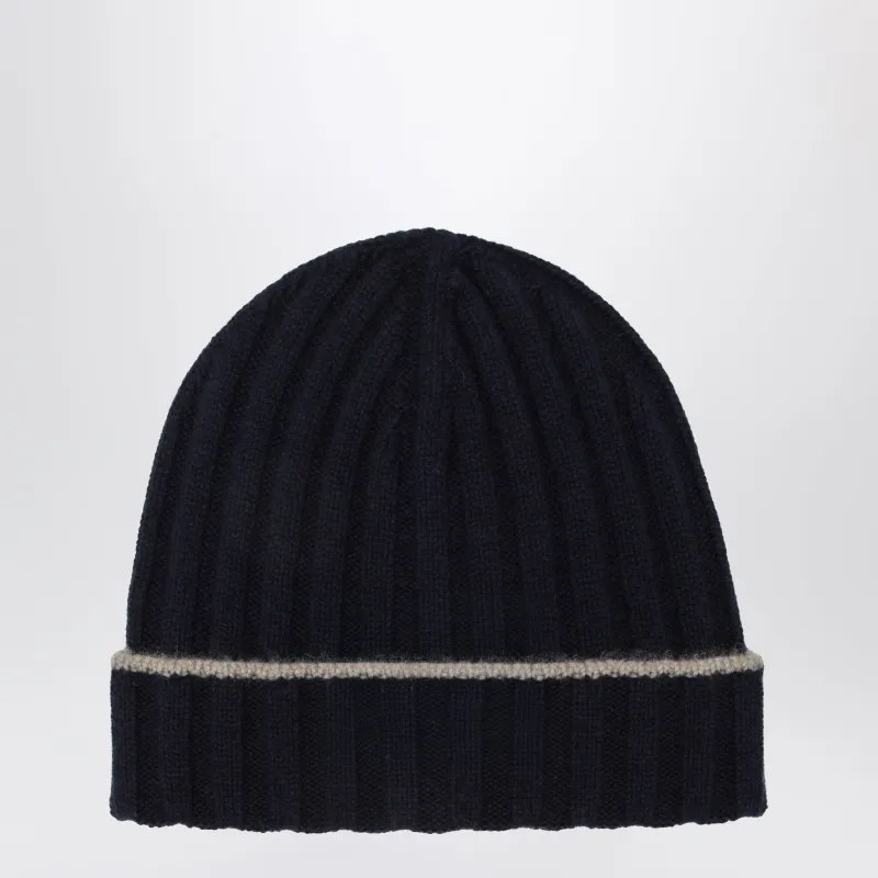 Ribbed Cashmere Beanie In Navy Blue made by Brunello Cucinelli
