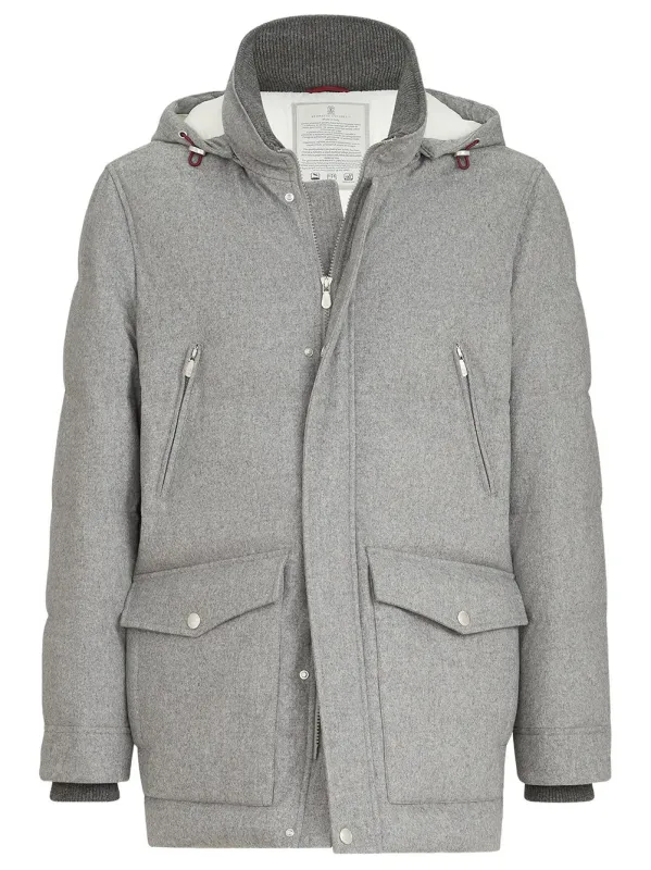 Bonded Wool Flannel Down Parka With Detachable Hood made by Brunello Cucinelli