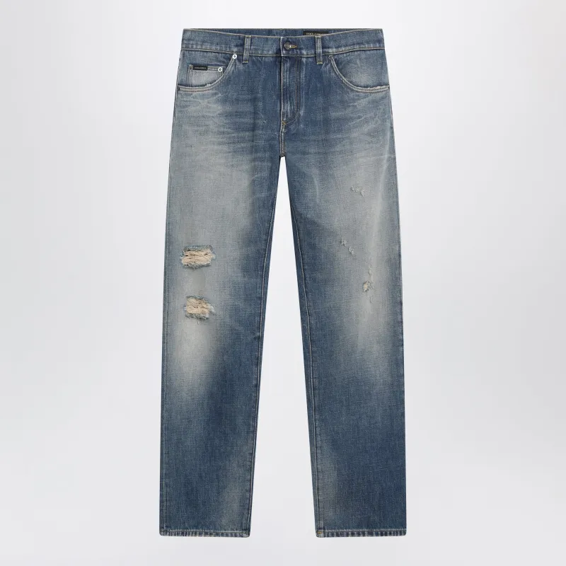 Blue Washed-Effect Jeans With Logo Plaque made by Dolce & Gabanna