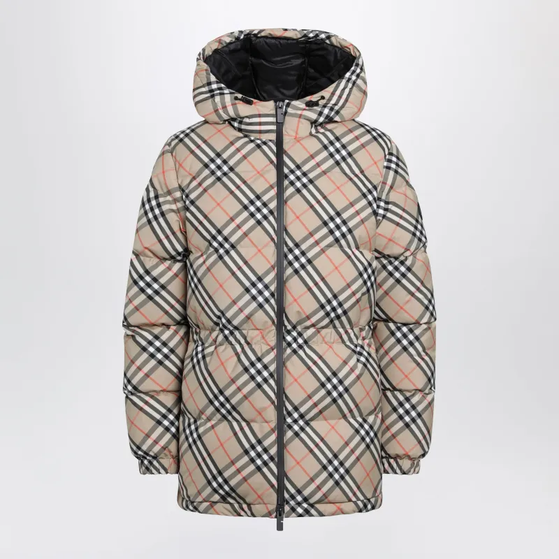 Hooded Check Nylon Puffer Jacket In Sand made by Burberry