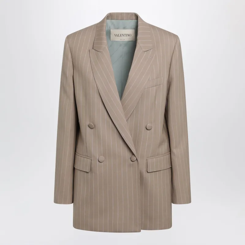 Double-Breasted Pinstripe Jacket In Mud/Ivory Virgin Wool made by Valentino Garavani