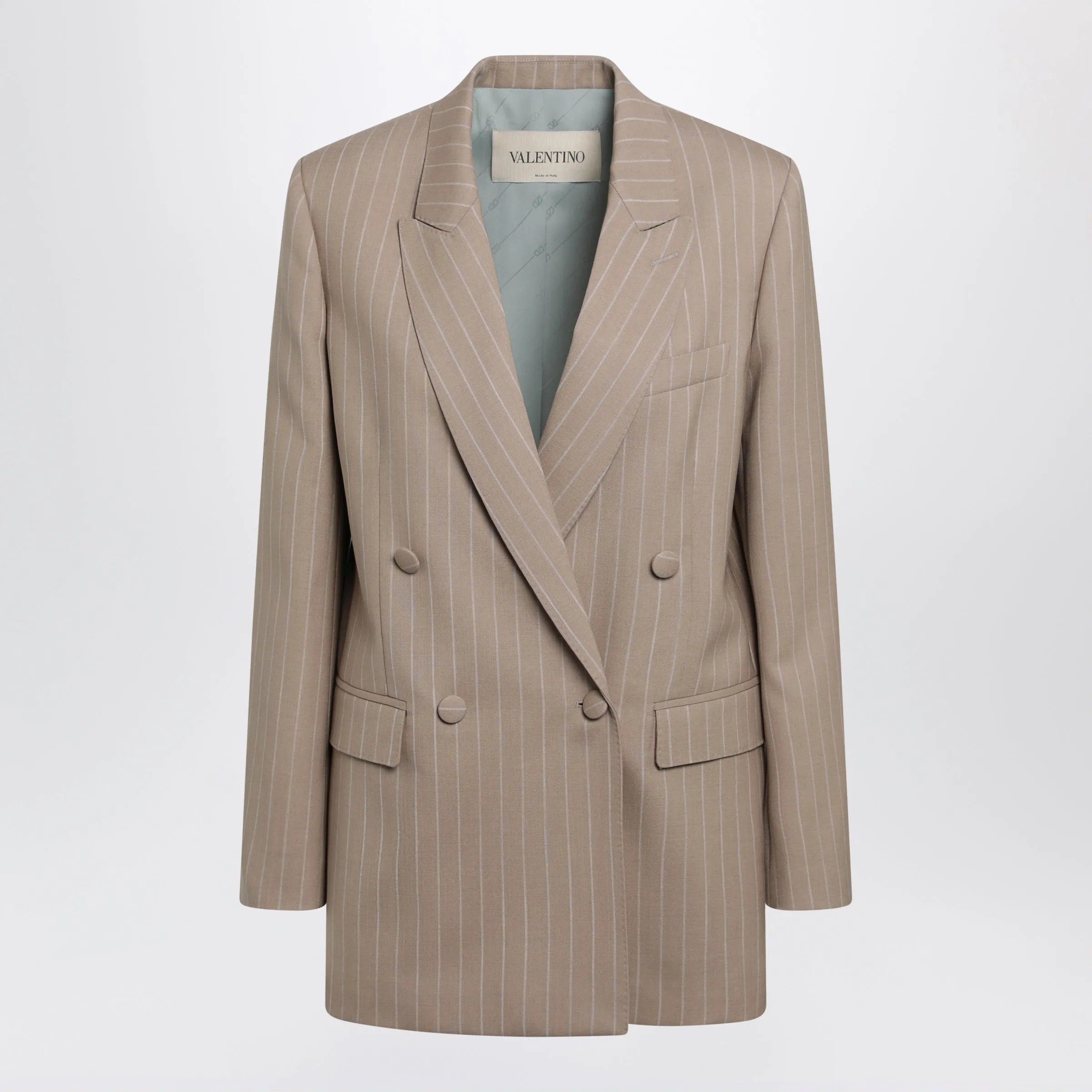 Double-Breasted Pinstripe Jacket In Mud/Ivory Virgin Wool sold by Wanan Luxury