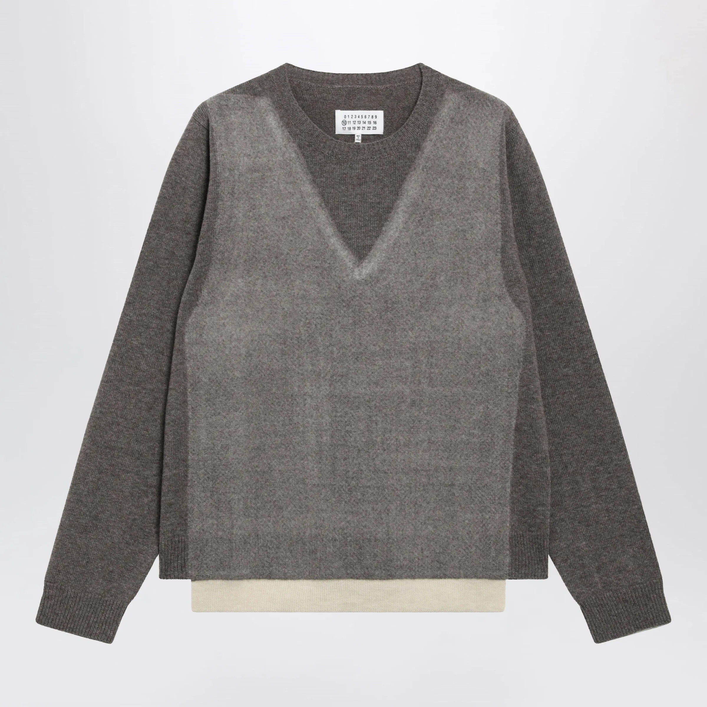 Crewneck Lambswool Sweater In Mud And Ecru sold by Wanan Luxury