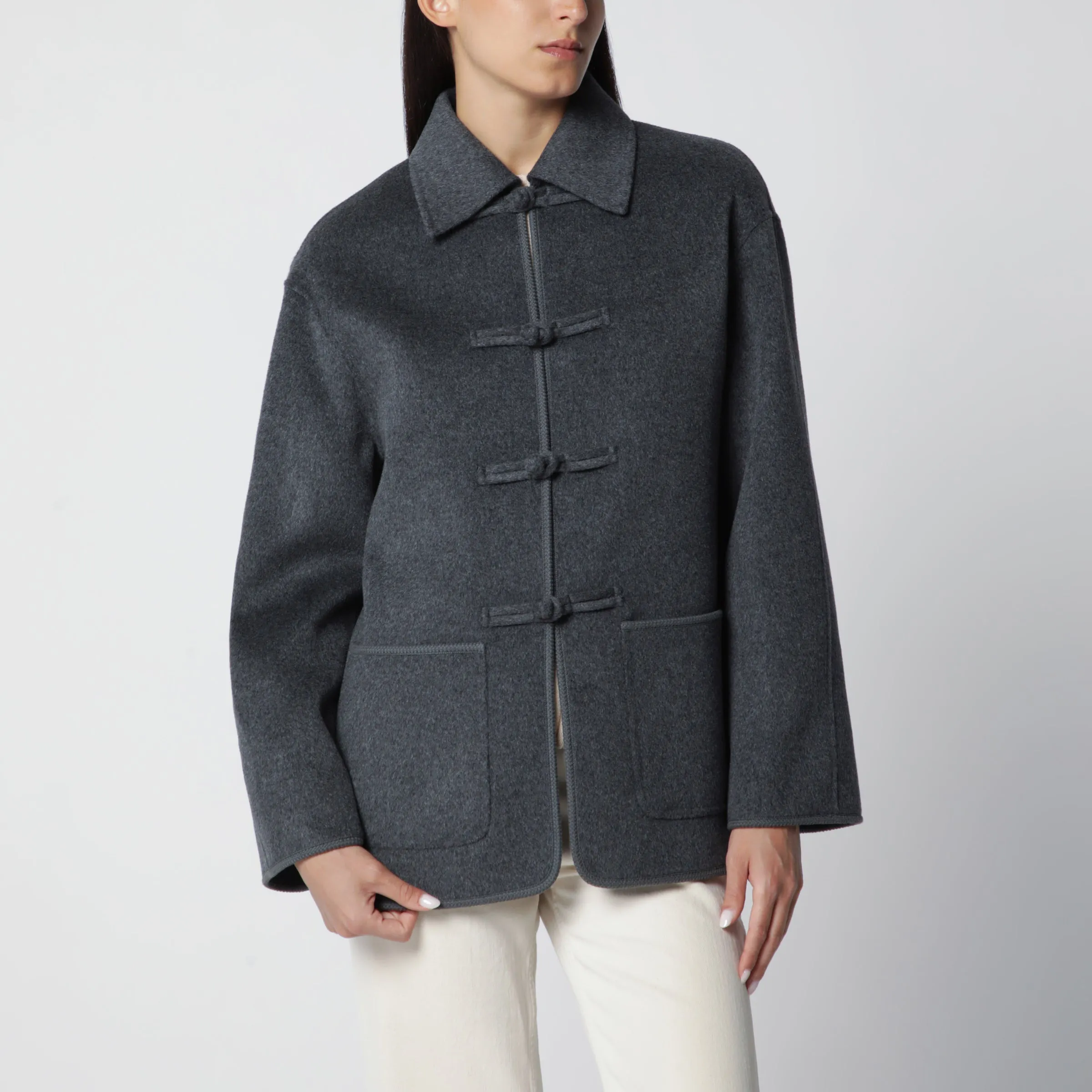 Dark Grey Mélange Double-Faced Wool Jacket With Pankou Closure sold by Wanan Luxury