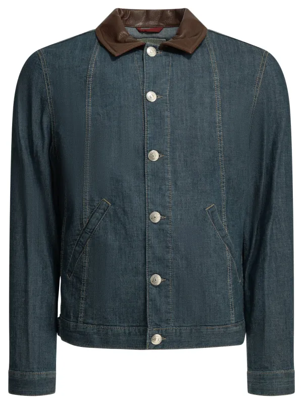 Denim Jacket With Leather Collar Jackets And Coats Blue made by Brunello Cucinelli