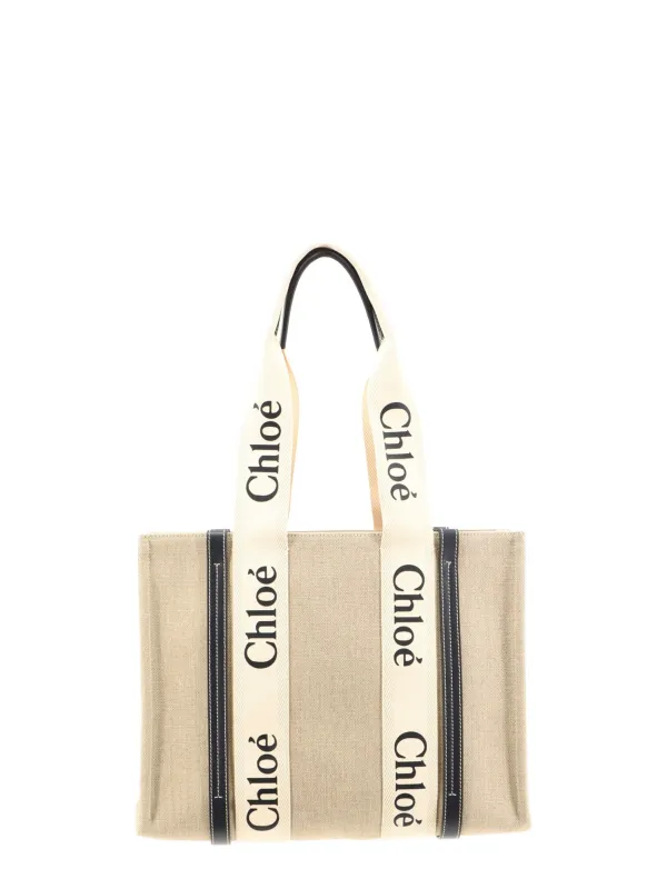 Woody Linen Shoulder Bag With Front Lettering Logo made by Chloe
