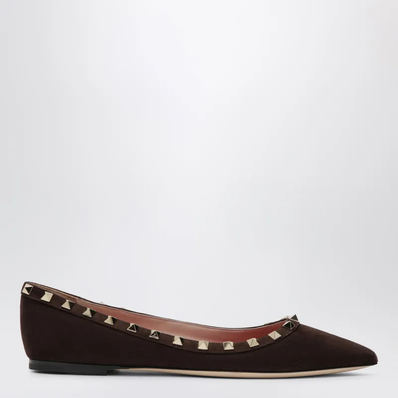 Brown Suede Rockstud Ballet Flats made by Valentino Garavani