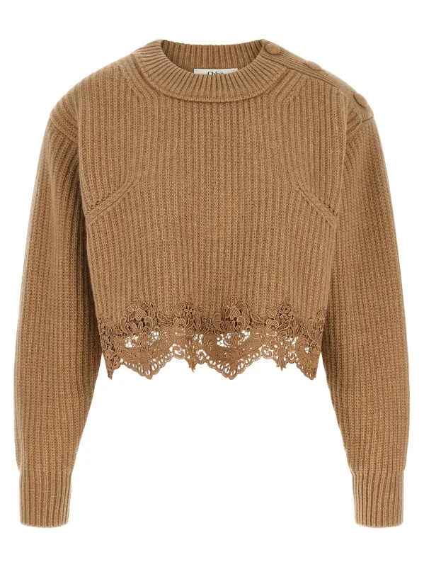 Cropped Lace Sweater Sweaters And Cardigans Beige made by Chloe