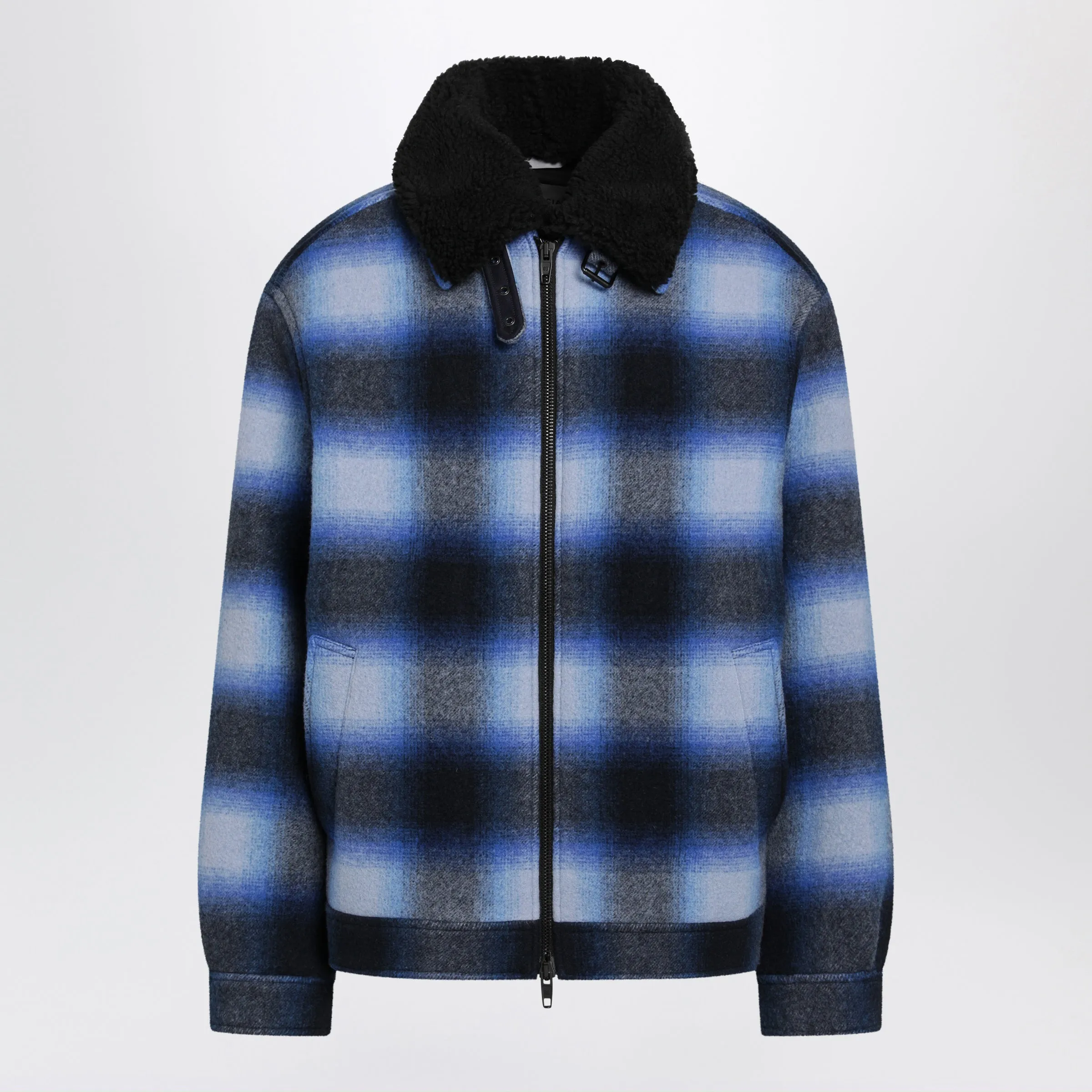 Plaid Wool Flannel Bomber Jacket In Blue/Black sold by Wanan Luxury