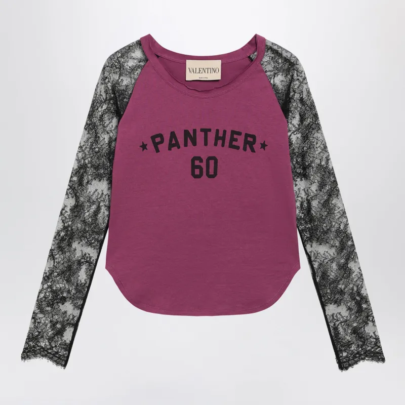 Cyclamen Panther 60 T-Shirt With Black Lace Sleeves made by Valentino Garavani