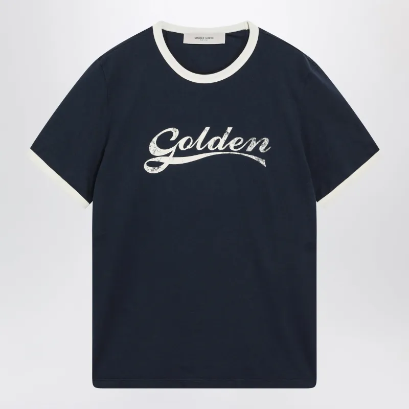 Cotton T-Shirt With Vintage Logo Print In Blue/White made by Golden Goose