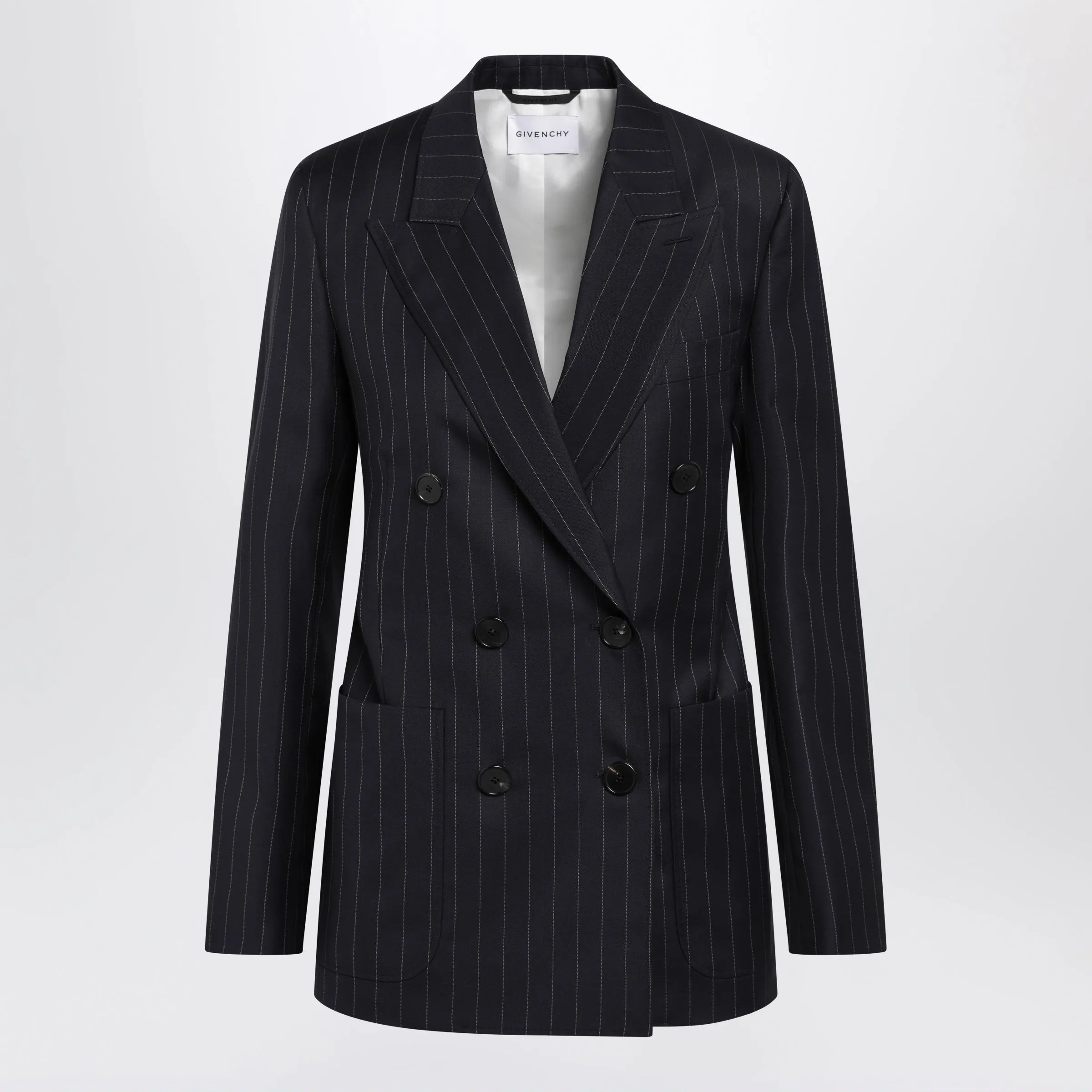 Double-Breasted Pinstripe Wool Jacket, Dark Navy sold by Wanan Luxury