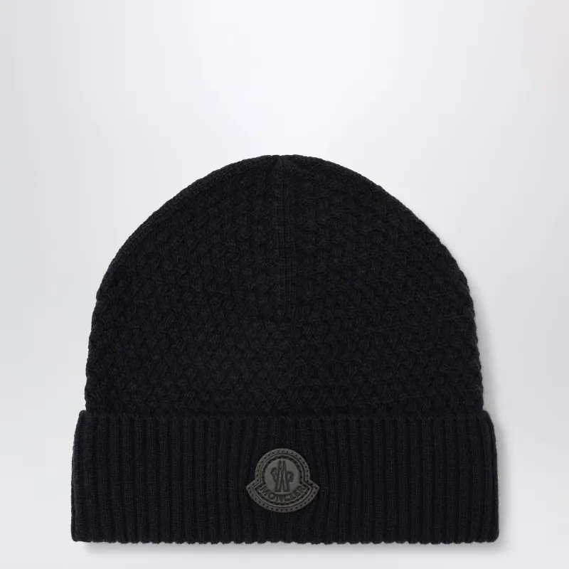 Navy Blue Wool Beanie With Logo Patch made by Moncler