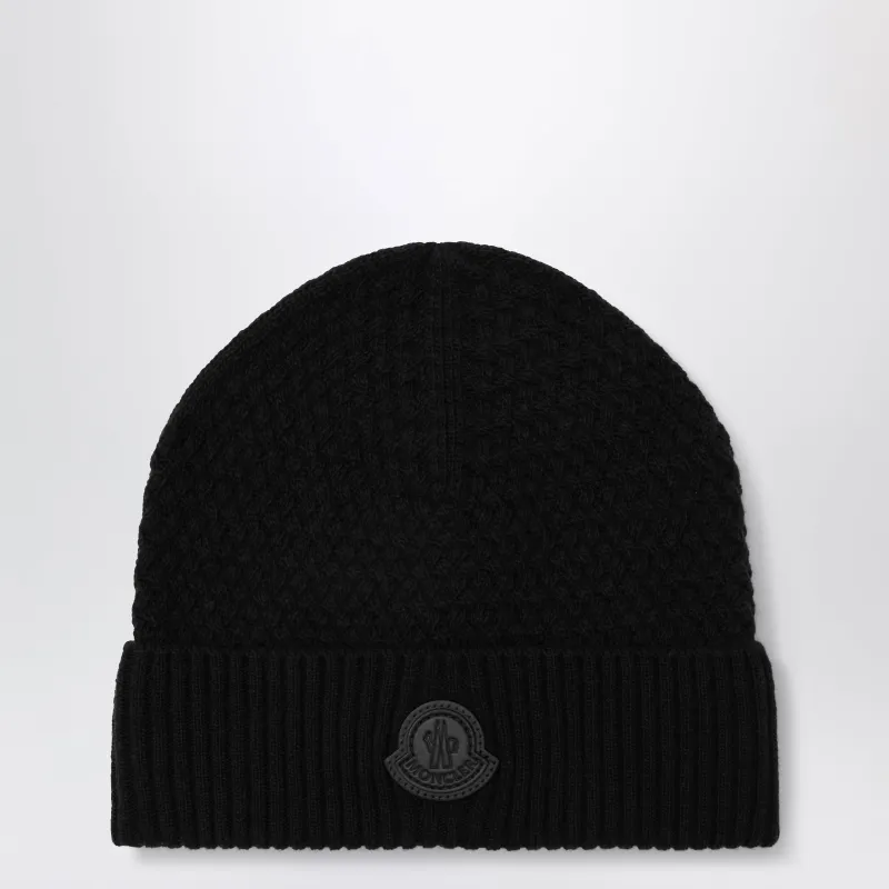 Black Wool Beanie With Logo Patch made by Moncler