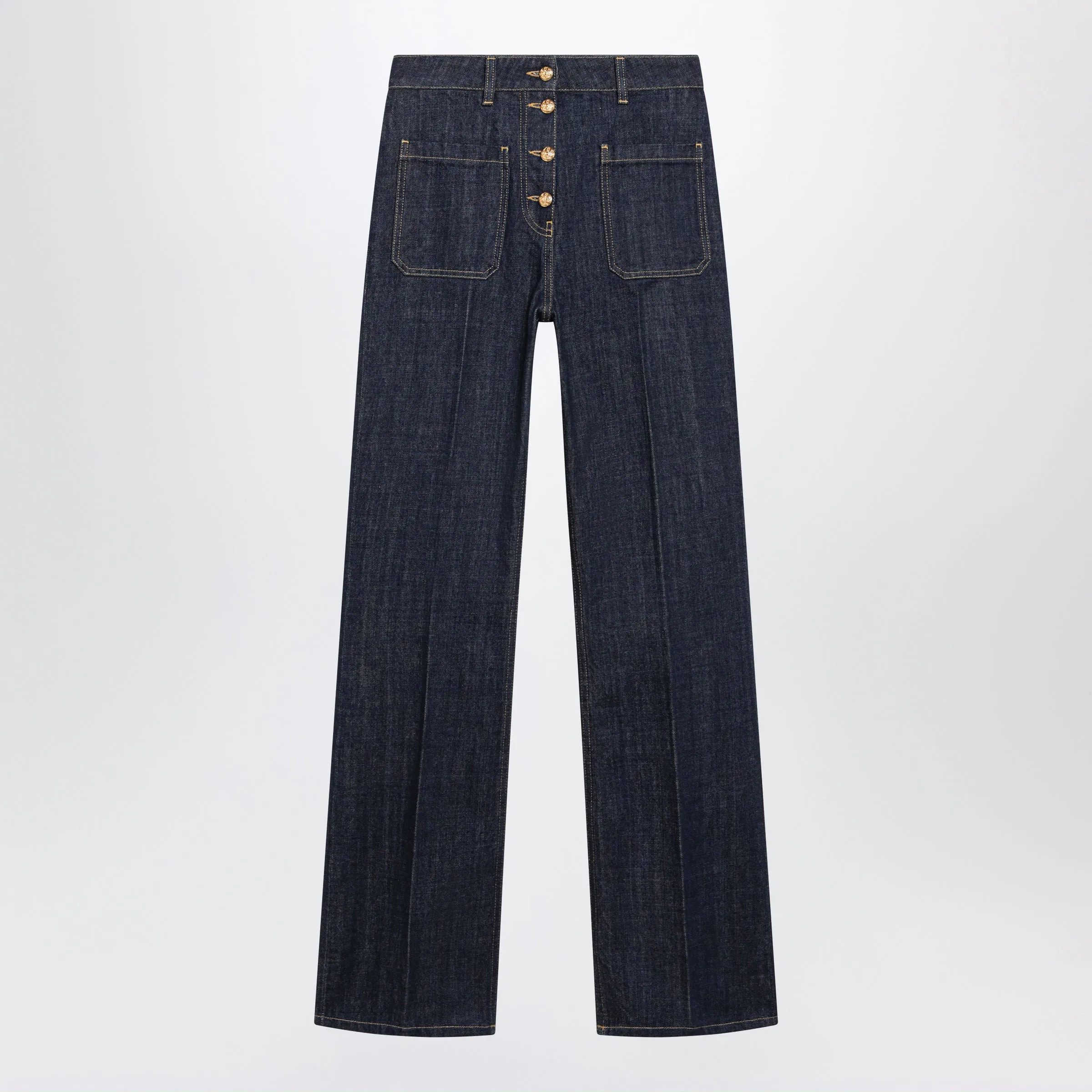 Cotton Denim Pants With Logo Buttons, Medium Blue sold by Wanan Luxury