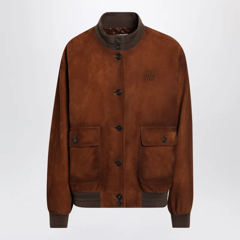 Waxed Suede Leather Jacket In Chestnut made by Miu Miu