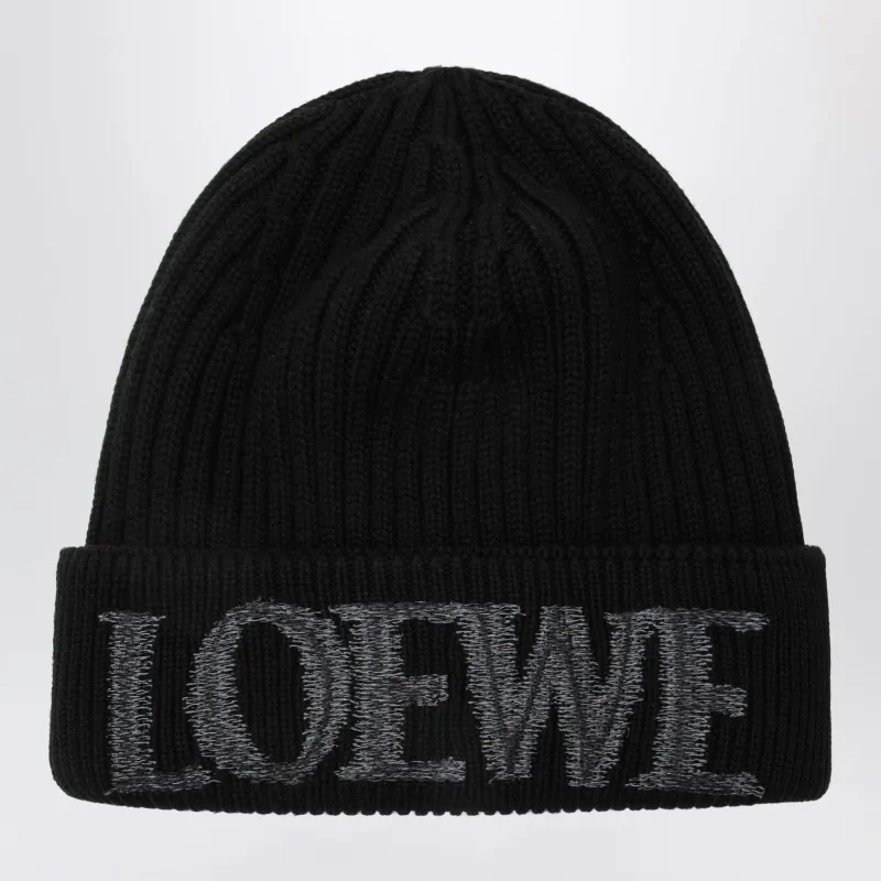 Black Wool Beanie With Logo Embroidery made by Loewe