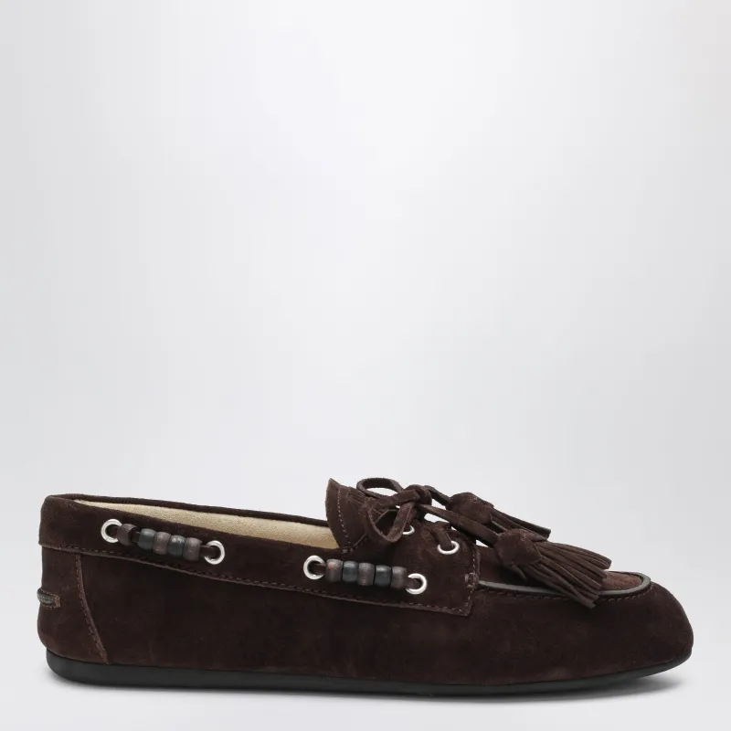 Deck Shoes In Suede With Dark Brown Tassels made by Miu Miu