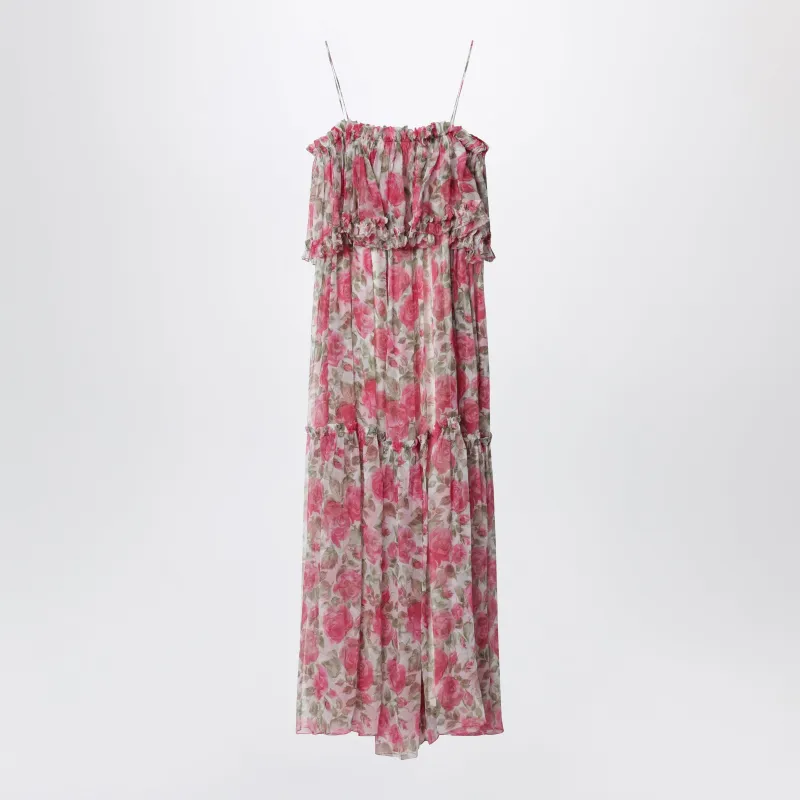 Long Silk Muslin Dress With Rose Print, White/Pink made by Chloe