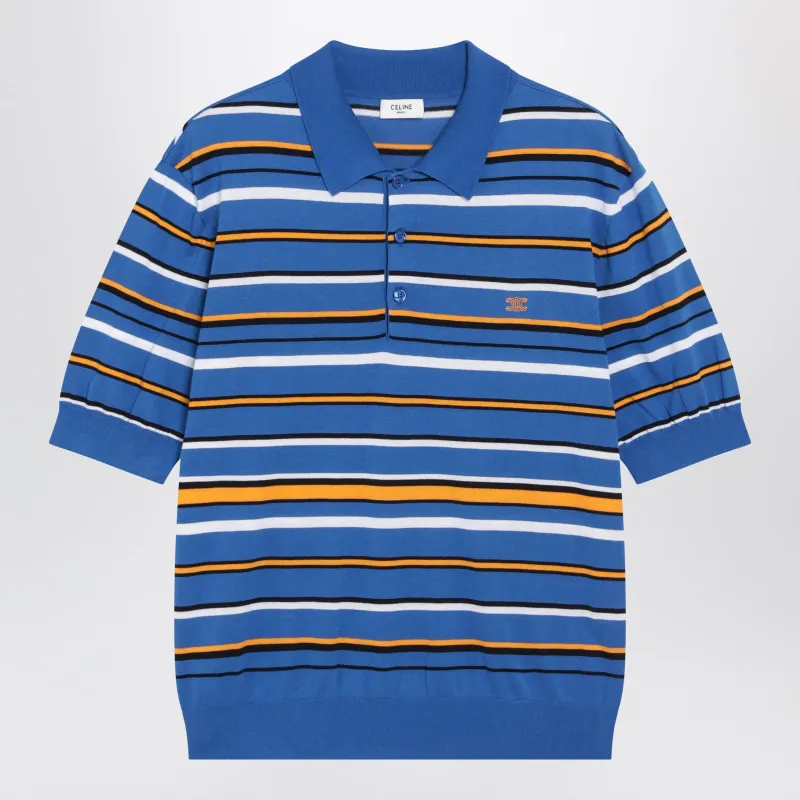 Light Blue Striped Cotton Knit Polo Shirt made by Celine