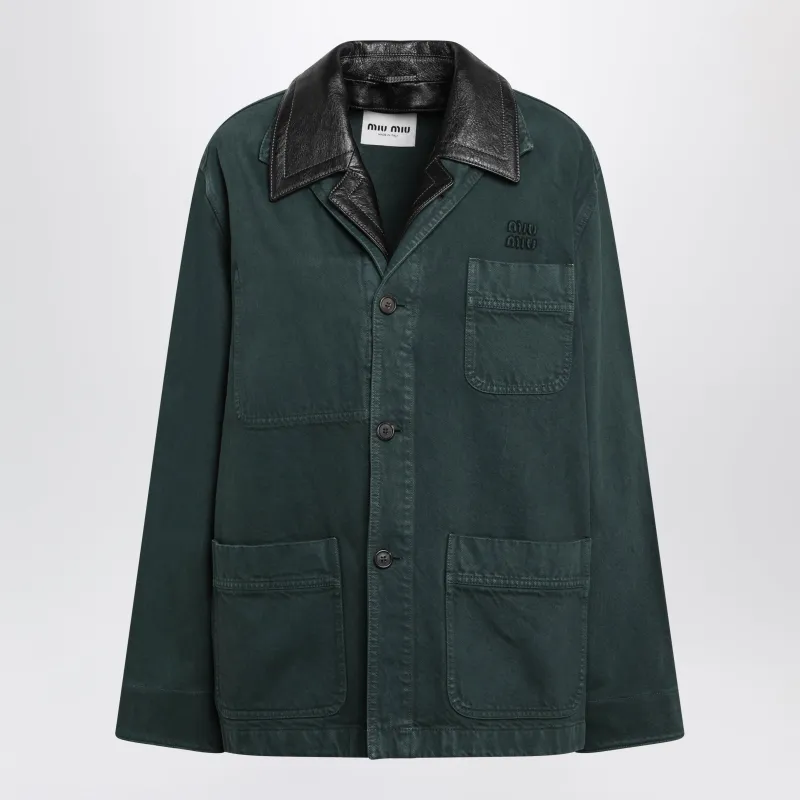 Bottle Green Gabardine And Leather Jacket made by Miu Miu