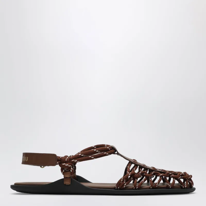 Hazelnut/Tobacco Leather And Ribbon Sandals made by Miu Miu