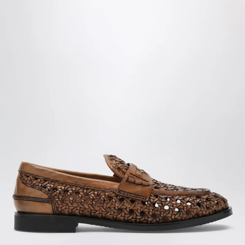 Cognac-Colored Woven Leather Penny Loafers made by Miu Miu