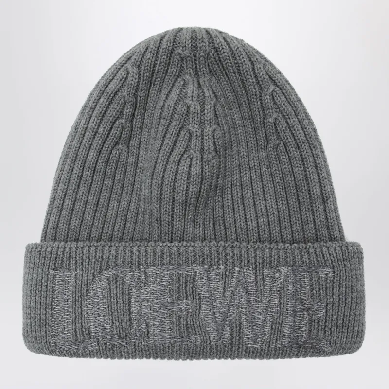 Grey Wool Beanie With Logo Embroidery made by Loewe