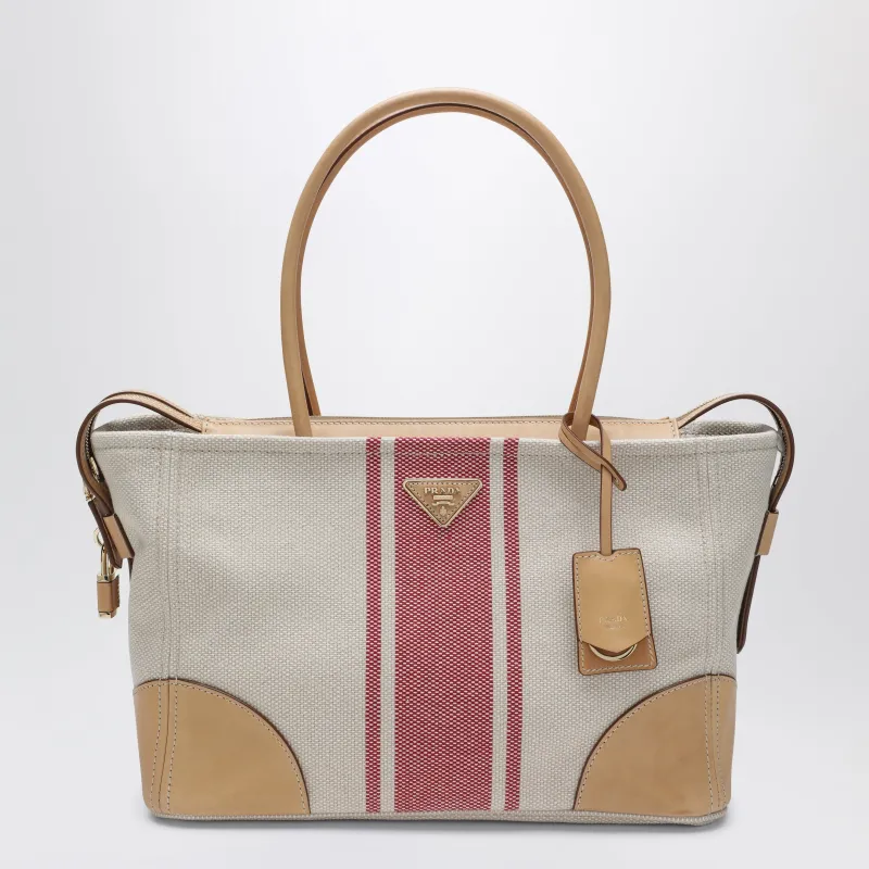 Large Shopping Bag In Canvas And Natural/Red Leather made by Prada