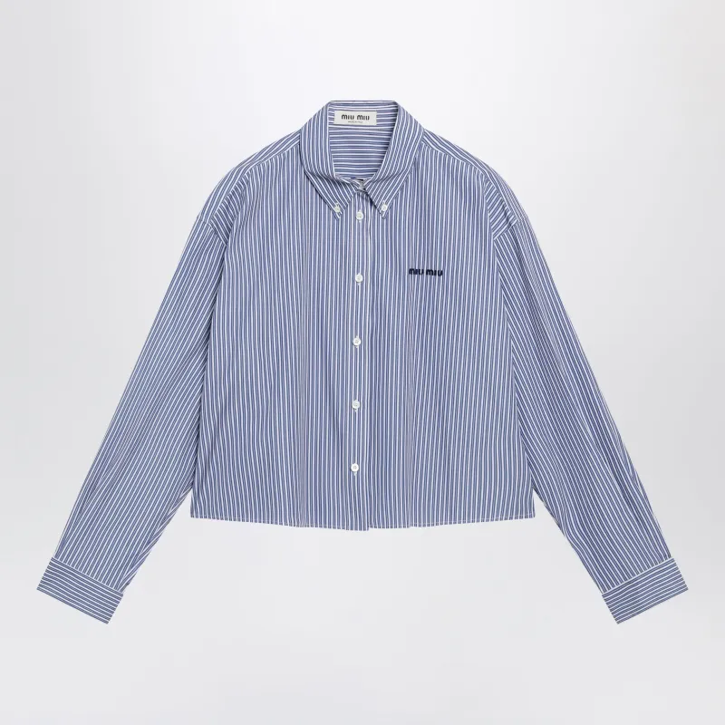 White/Cobalt Striped Cropped Shirt With Logo Embroidery made by Miu Miu